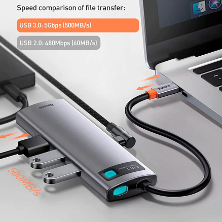 Переходник Type-C - 3 х USB 3.0, HDMI 4K, RJ45, SD, microSD Baseus Metal Gleam серый