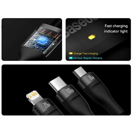 Кабель USB, Type-C - MicroUSB, Lightning, Type-C 1,2 м 5A 100W плетеный Baseus Flash Series черный