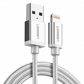 Кабель USB - Lightning для зарядки iPhone 2 м 2.4А MFi плетеный Ugreen US199 серебристый