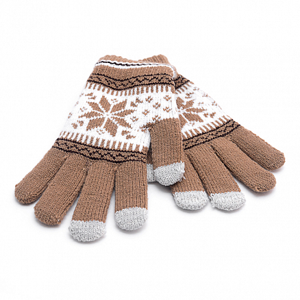 Перчатки трикотажные для емкостных дисплеев Greengo (Польша) N-05 узор снежинки светло-коричневые