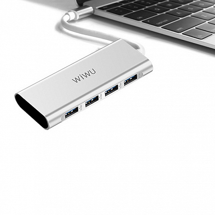 Хаб (разветвитель) Type-C - 4 x USB 3.0 (папа - мама) WiWU Apollo A440 серебристый