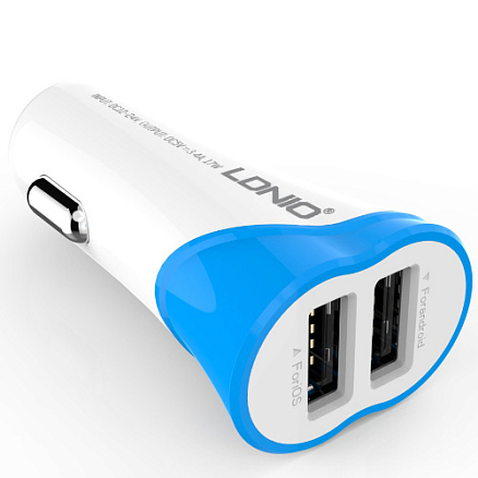 Зарядное устройство автомобильное с двумя USB входами 3.4A и Lightning кабелем Ldnio С332 бело-синее