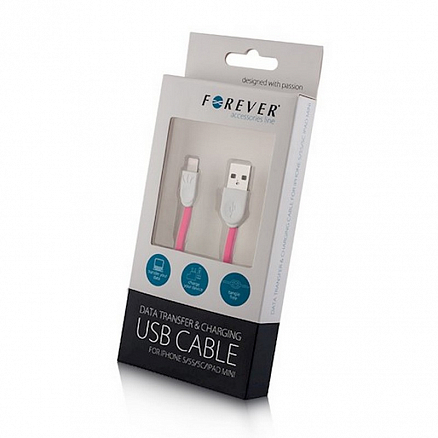 Кабель USB - Lightning для зарядки iPhone 1м 1А плоский Forever розовый