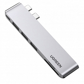 Переходник Dual Type-C - 3 х USB 3.0, Type-C (Thunderbolt 3) с картридером SD и MicroSD Ugreen CM251 серый